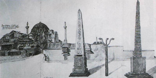 Tekening van Hippodroom met de slangenzuil