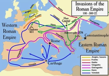 Kaart van de invallen in het Romeinse Rijk